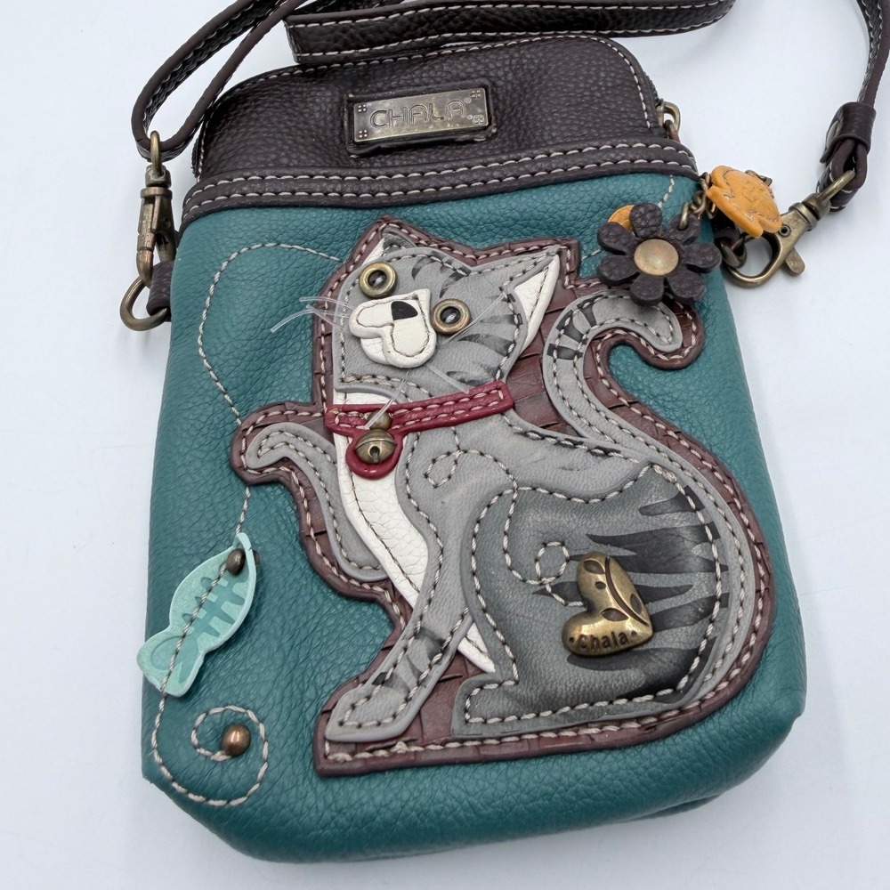 Chala Cat Cell Phone Crossbody Bag Teal Gray Vegan Leather